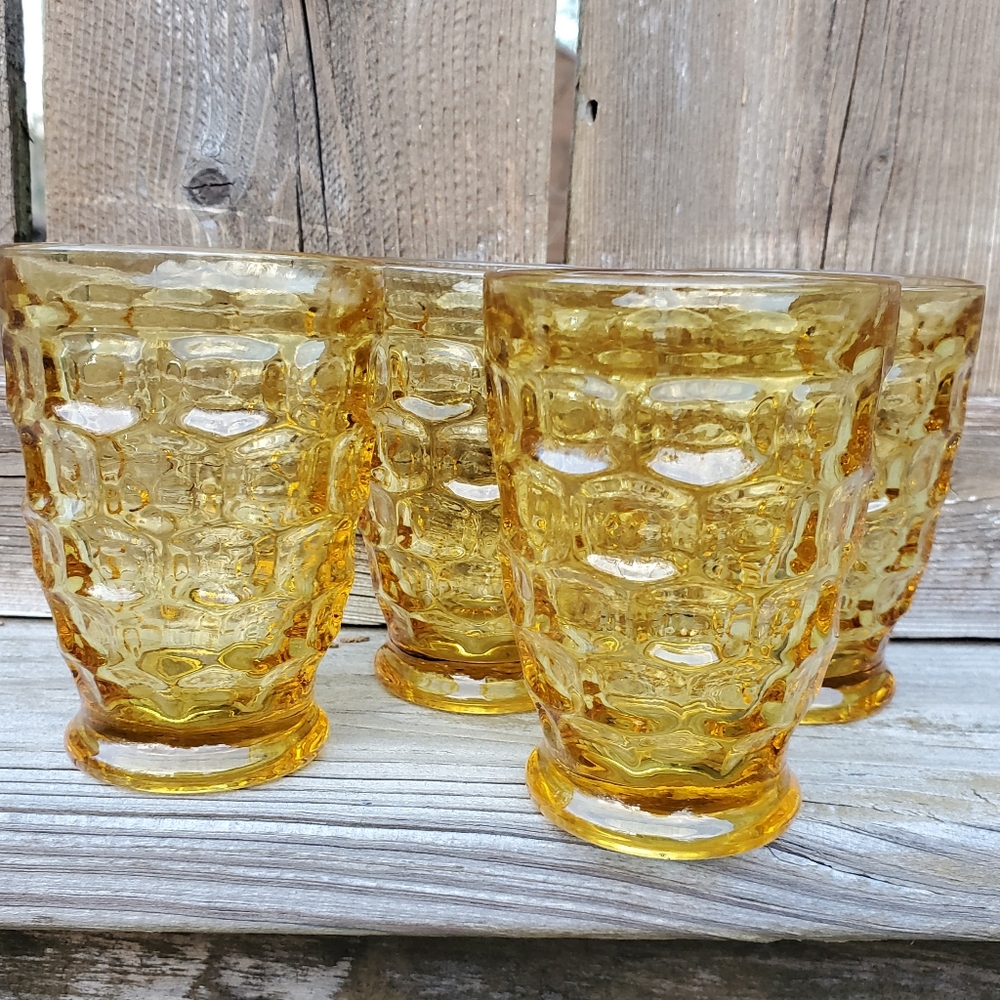 Vintage Federal Glass Yellow Thumbprint Juice Glasses Set of Four (4) Yorktown